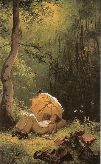 Carl Spitzweg Der Maler auf einer Waldlichtung, unter einem Schirm liegend oil painting image